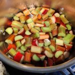 Cut rhubarb in a pot of water