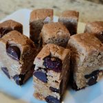 homemade 40-30-30 power bars with coconut, cranberries and chocolate chips cut into bars on a plate.