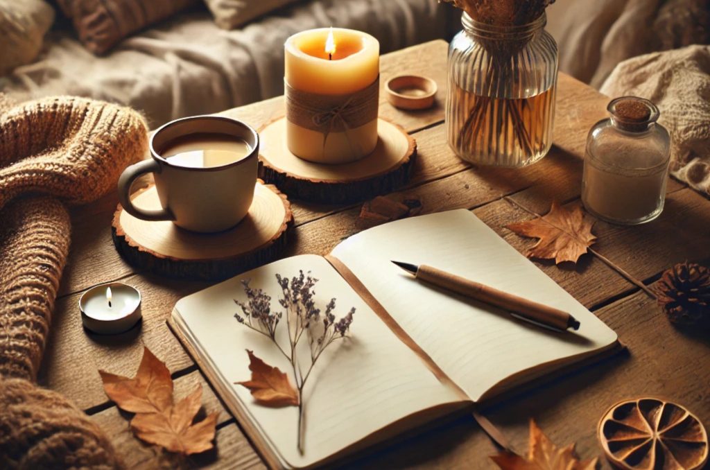 Sustainable journals, cozy scarves, soy candles on a cozy fall table setting.