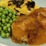 Plant-Based Salisbury Meatballs with mashed potatoes and peas