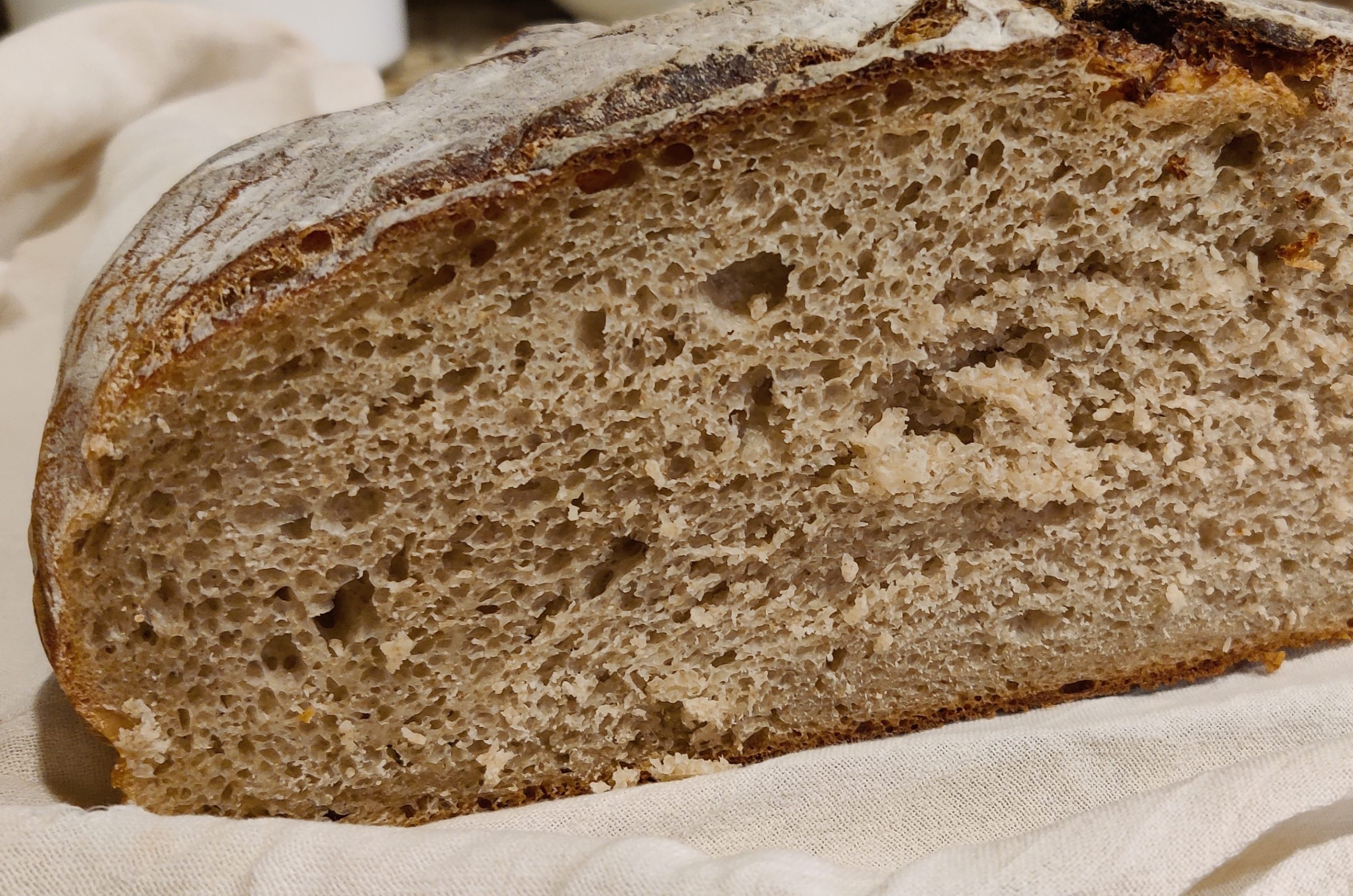 Sliced sourdough bread that's freshly baked.