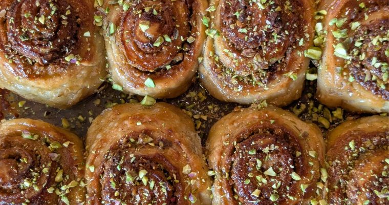 Pistachio Cardamom Rolls with Honey Glaze (Made with Pizza Dough)