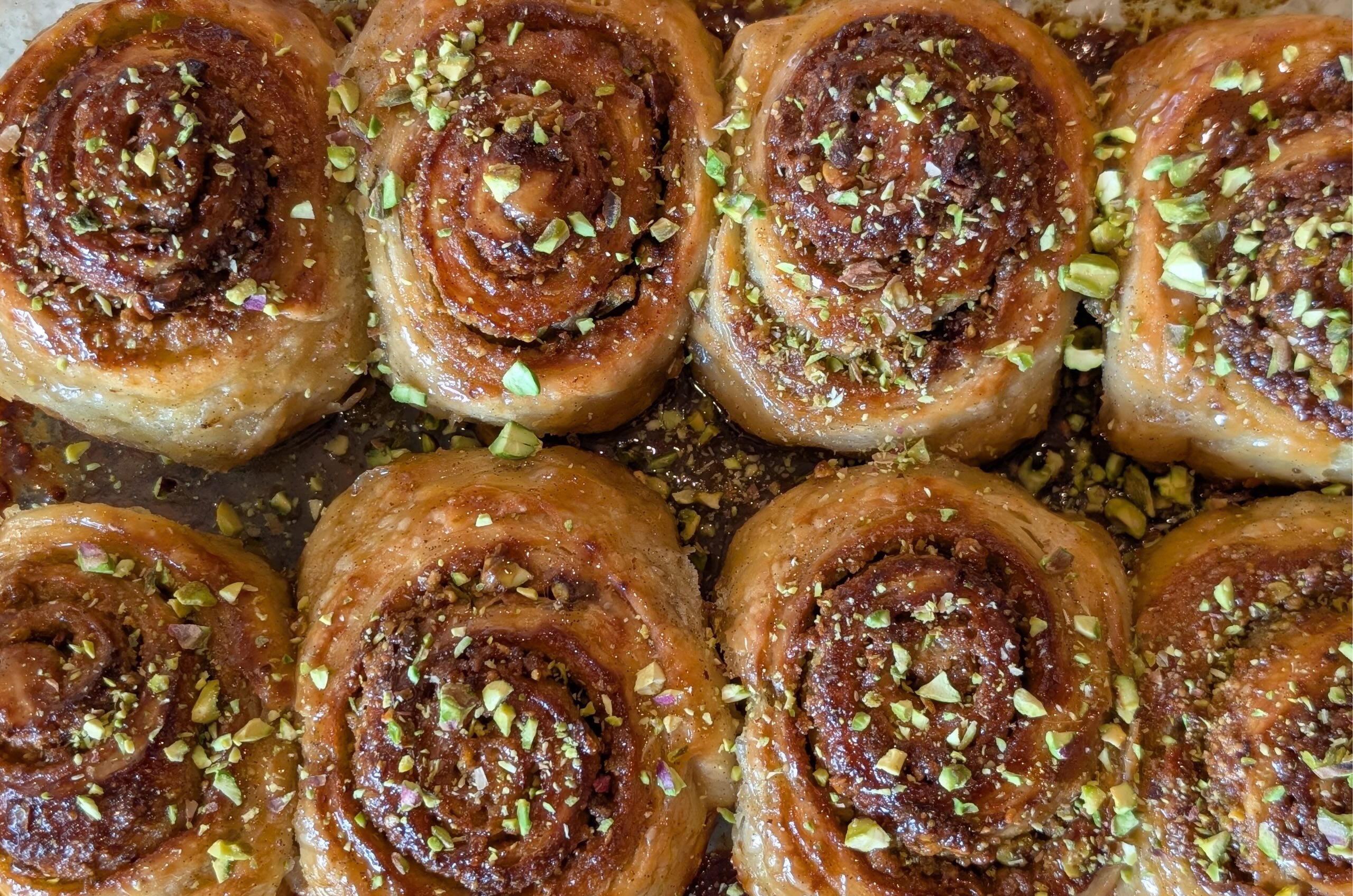 Pistachio Cardamom Rolls with Honey Glaze (Made with Pizza Dough)